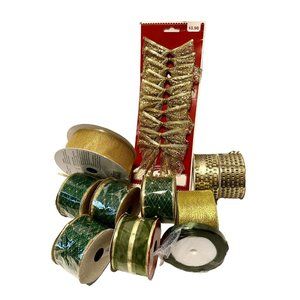 Ribbon Lot 10 Rolls Of Assorted Green And Gold Shades New And Slightly Used